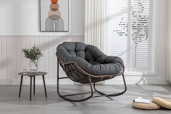 Fauteuil à bascule Oeuf en rotin tressé pour jardin terrasse avec coussin épais surdimensionné Gris - ComfortXL Outdoor Living - Image 2