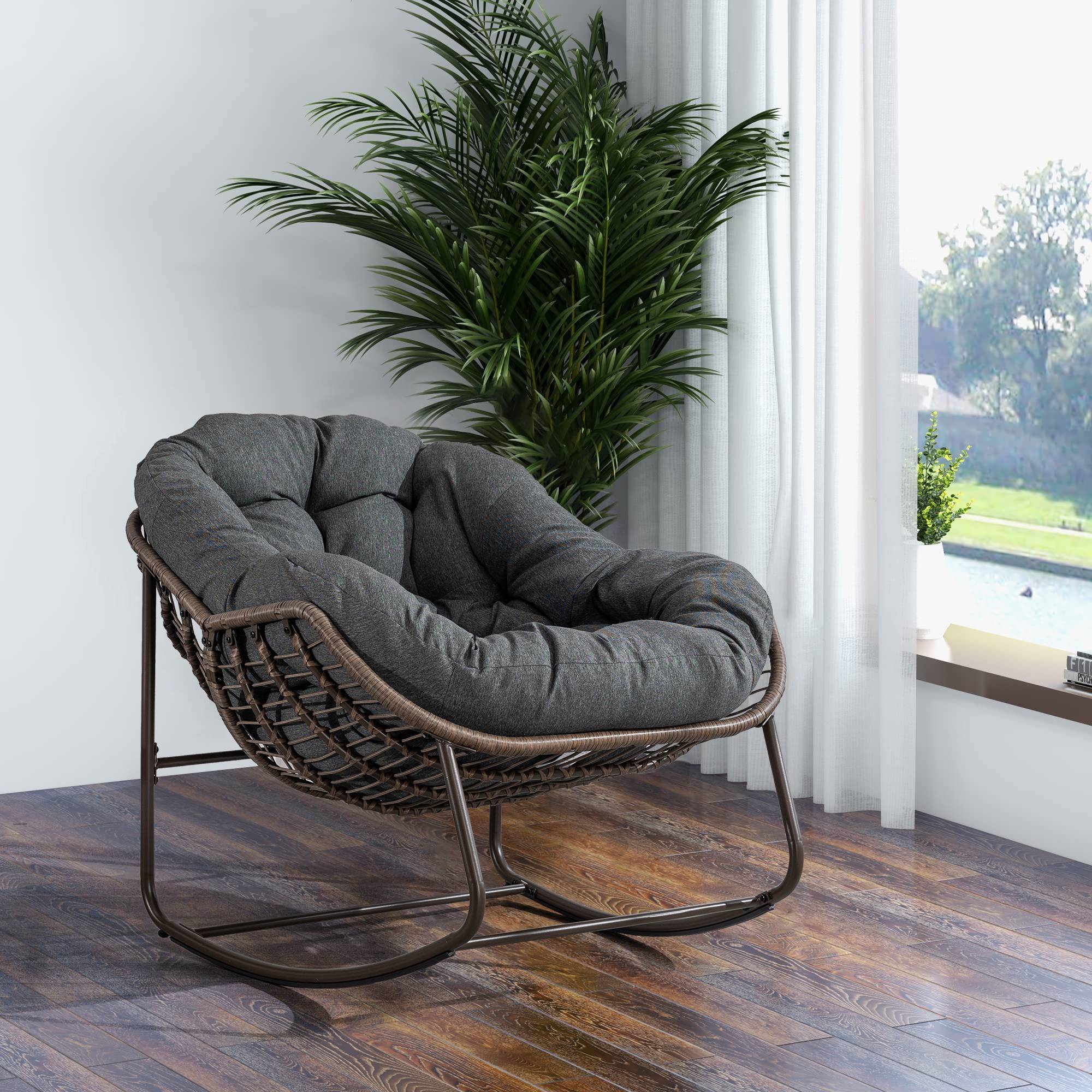 Fauteuil à bascule Oeuf en rotin tressé pour jardin terrasse avec coussin épais surdimensionné Gris - ComfortXL Outdoor Living - Image 1