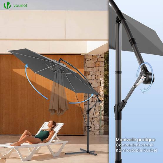 Parasol déporté inclinable 3M avec sangle de fixation et housse de protection Gris - Inclinaison réglable - Rotatif 360° - VOUNOT® - Image 5