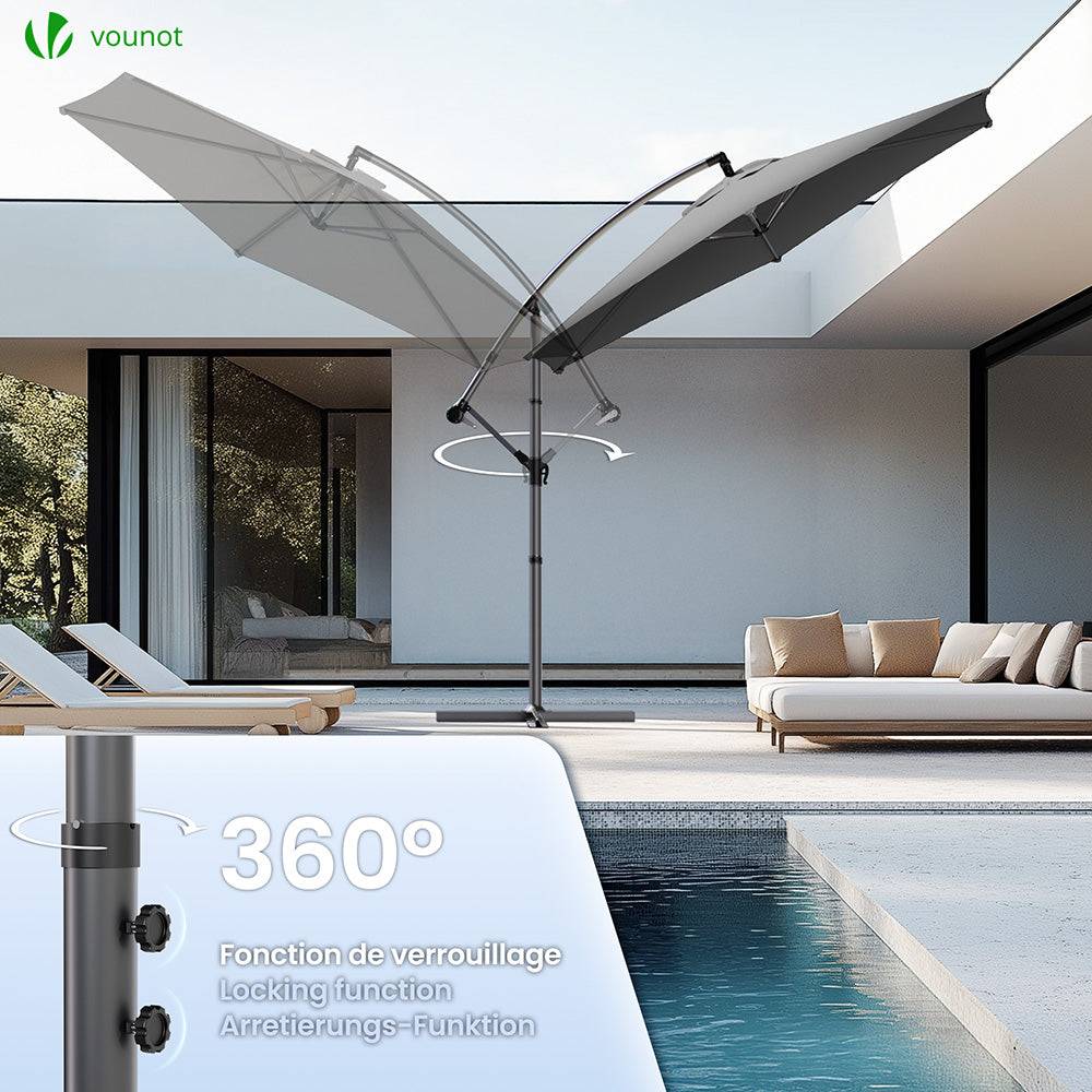 Parasol déporté inclinable 3M avec sangle de fixation et housse de protection Gris - Inclinaison réglable - Rotatif 360° - VOUNOT® - Image 4