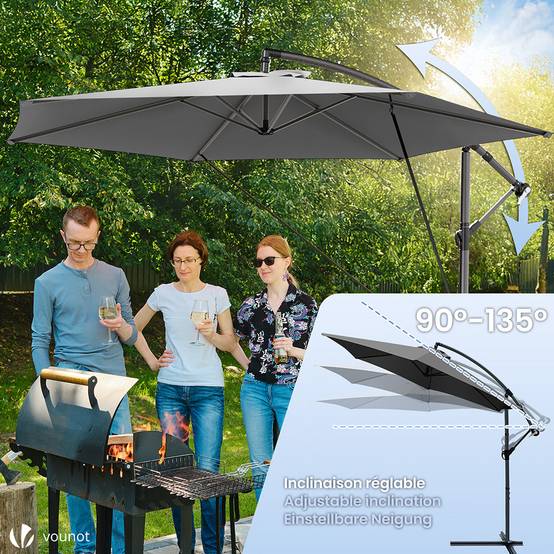 Parasol déporté inclinable 3M avec sangle de fixation et housse de protection Gris - Inclinaison réglable - Rotatif 360° - VOUNOT® - Image 3