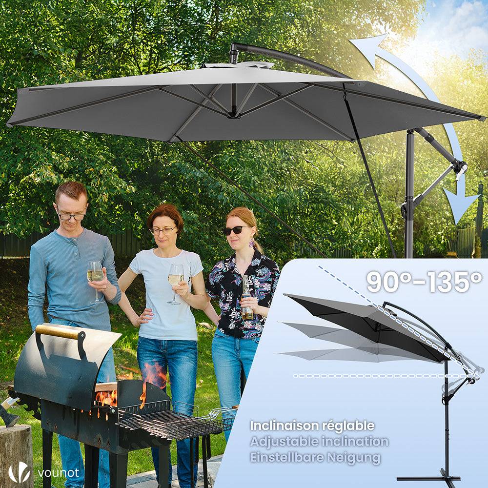 Parasol déporté inclinable 3M avec sangle de fixation et housse de protection Gris - Inclinaison réglable - Rotatif 360° - VOUNOT® - Image 3