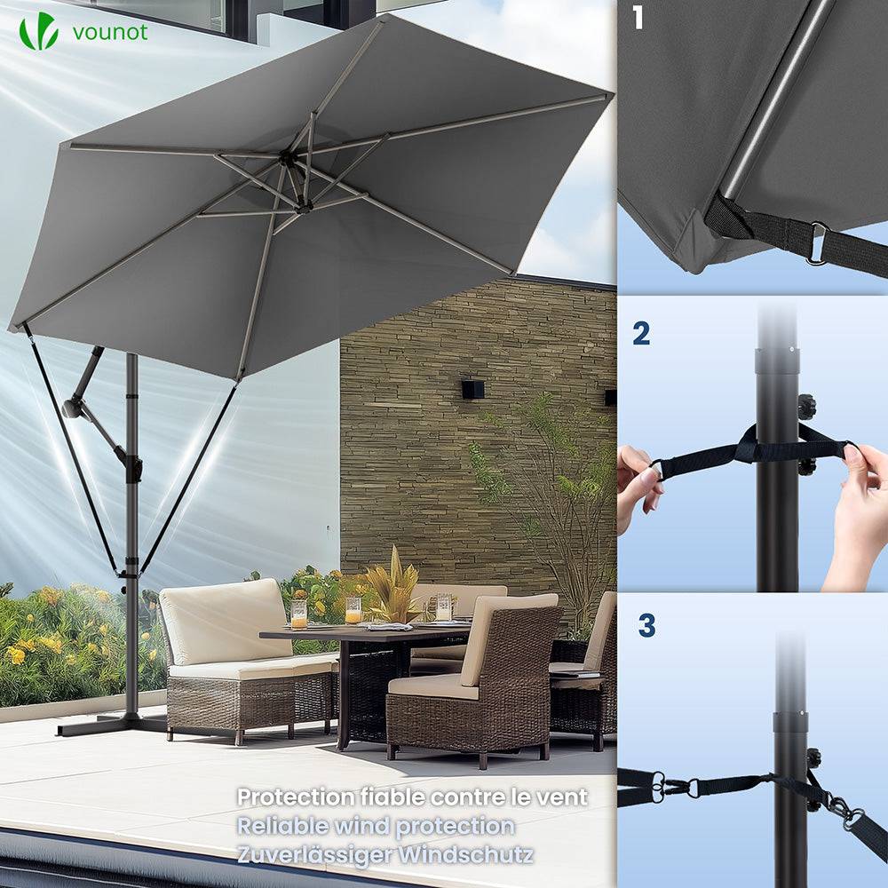Parasol déporté inclinable 3M avec sangle de fixation et housse de protection Gris - Inclinaison réglable - Rotatif 360° - VOUNOT® - Image 2