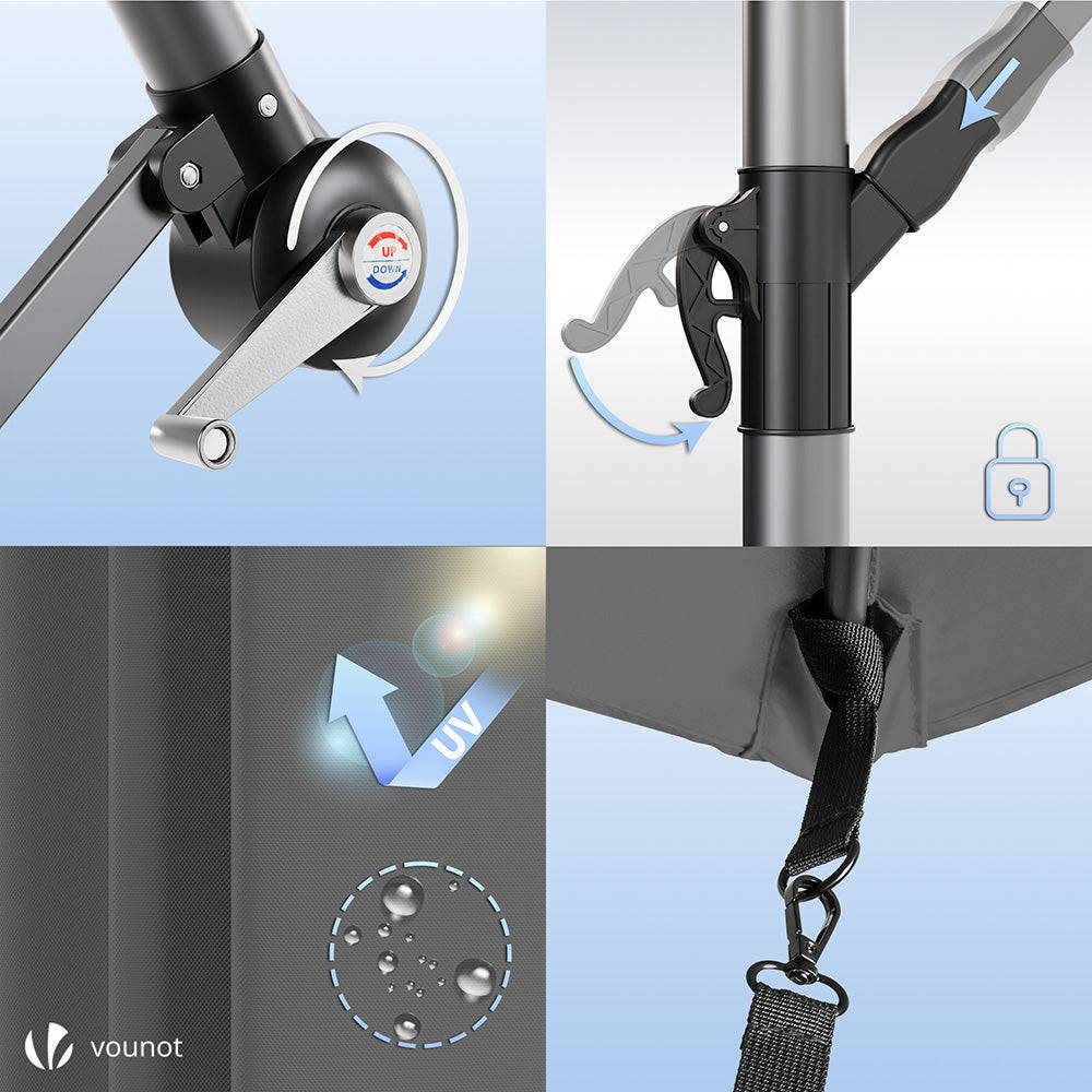 Parasol déporté inclinable 3M avec sangle de fixation et housse de protection Gris - Inclinaison réglable - Rotatif 360° - VOUNOT® - Image 7