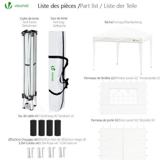 Vounot - Tonnelle de jardin pliante 3 x 3 m avec parois fenêtres et sac de transport blanc - Vounot - Image 2