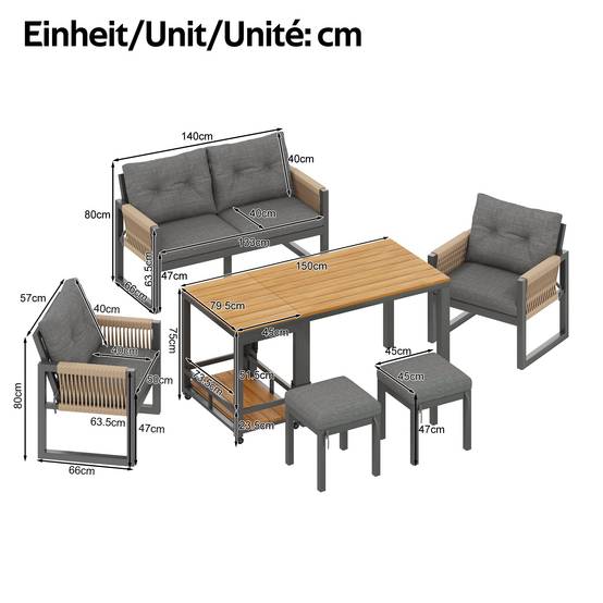 Salon de jardin 6 places en acier et bois composite pour terrasse avec table modulable Gris et Naturel - ComfortXL Outdoor Living - Image 3