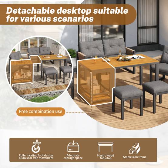 Salon de jardin 6 places en acier et bois composite pour terrasse avec table modulable Gris et Naturel - ComfortXL Outdoor Living - Image 5