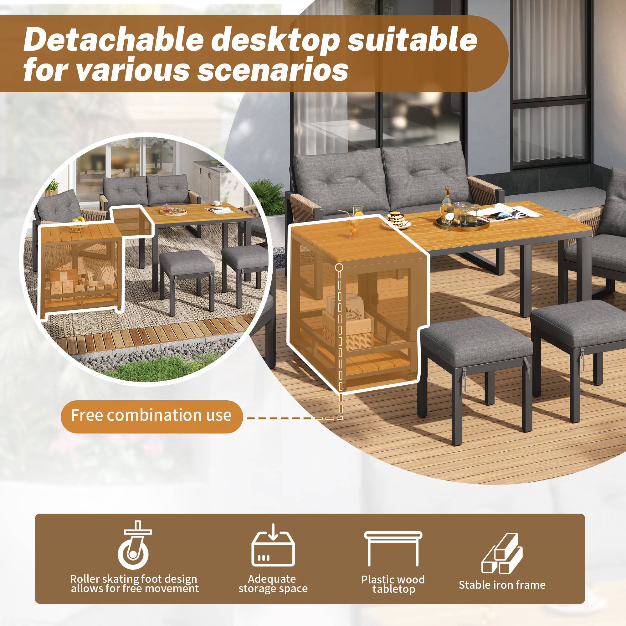 Salon de jardin 6 places en acier et bois composite pour terrasse avec table modulable Gris et Naturel - ComfortXL Outdoor Living - Image 5