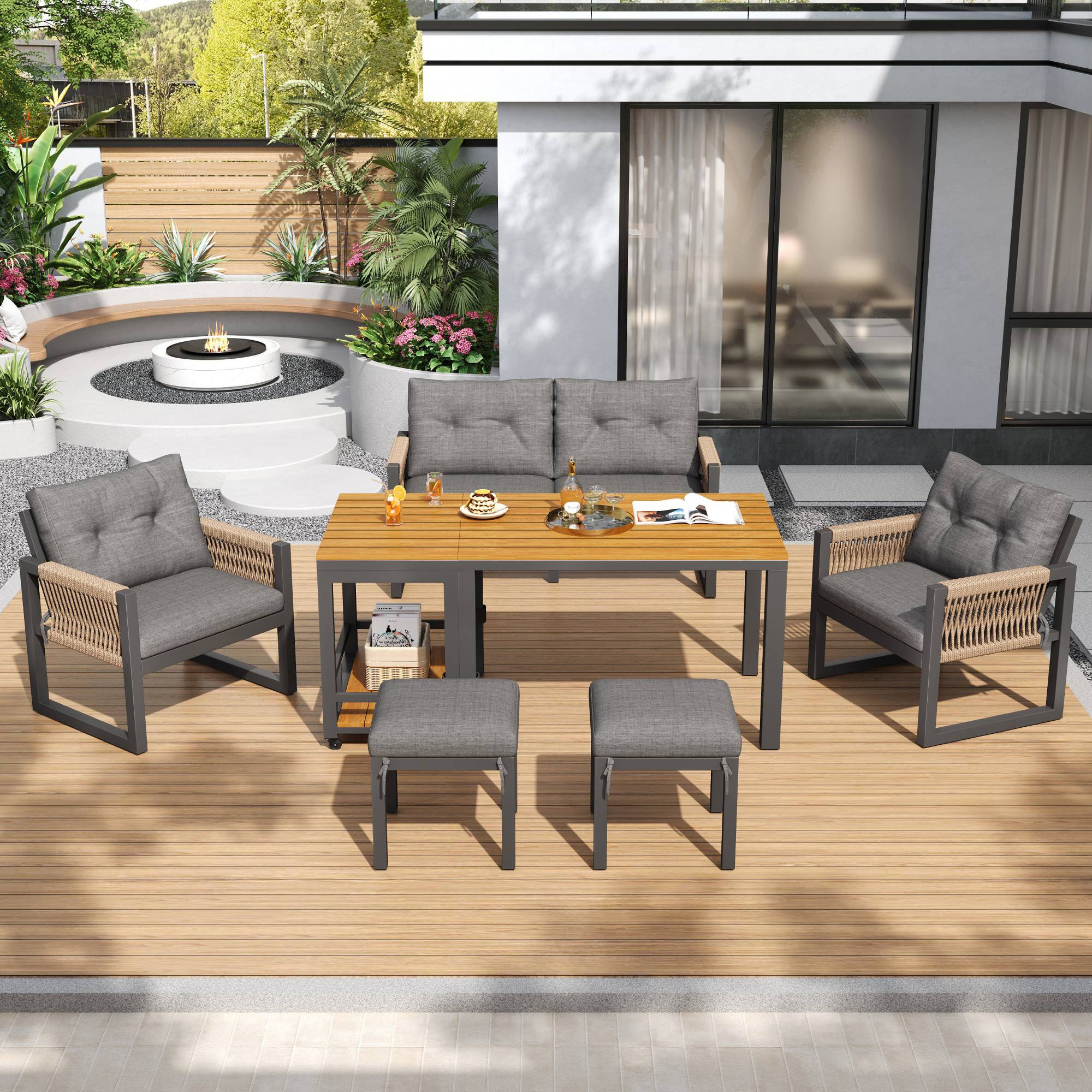 Salon de jardin 6 places en acier et bois composite pour terrasse avec table modulable Gris et Naturel - ComfortXL Outdoor Living