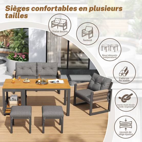 Salon de jardin 6 places en acier et bois composite pour terrasse avec table modulable Gris et Naturel - ComfortXL Outdoor Living - Image 4