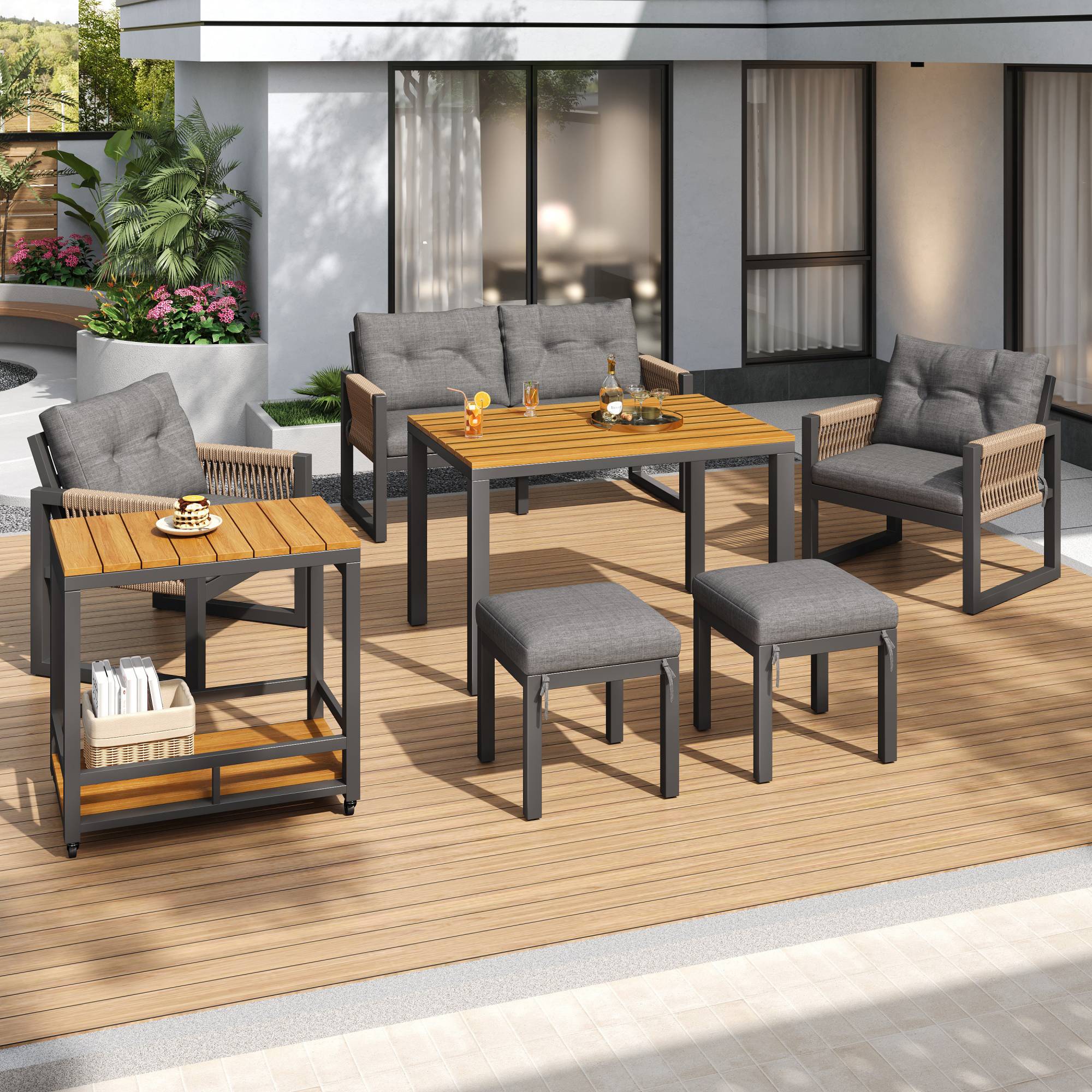 Salon de jardin 6 places en acier et bois composite pour terrasse avec table modulable Gris et Naturel - ComfortXL Outdoor Living - Image 9