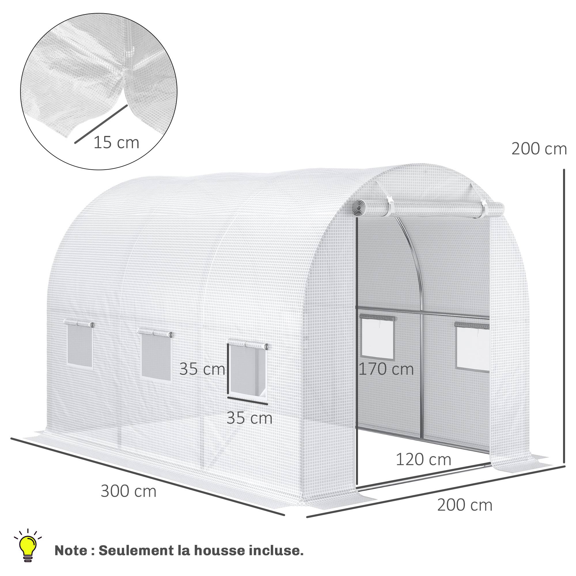 Bâche de Rechange Serre Tunnel 6 m², bâche PE Anti-UV imperméable 6 fenêtres + Porte Enroulable zippée Blanc - Image 5