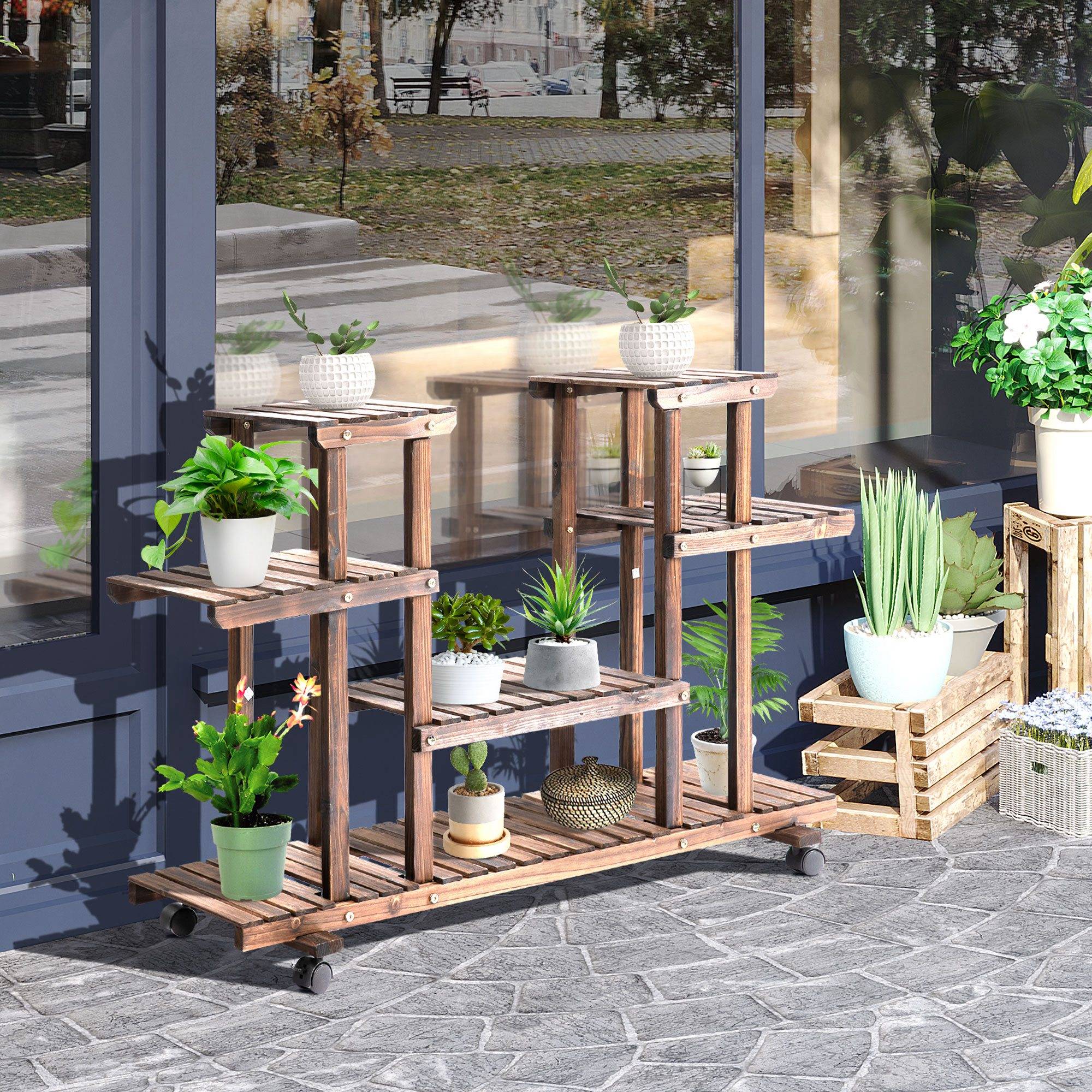 Sans Marque - Support plantes extérieur étagère fleurs 4 niveaux bois 4 roulettes 123,5x33x80 cm - Image 4
