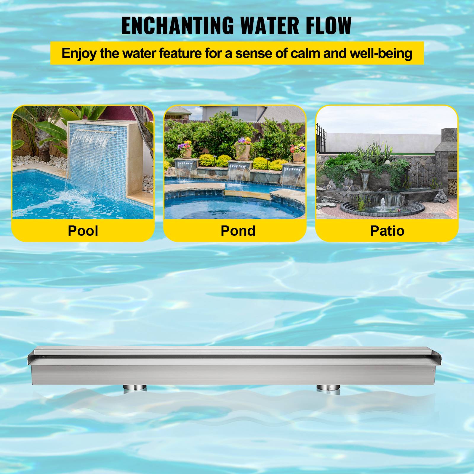 Fontaine piscine étang acier inox 304, 150x11.5x8cm. 2 conduits d'eau. Cascade bassin extérieur. Décoration. - Image 4
