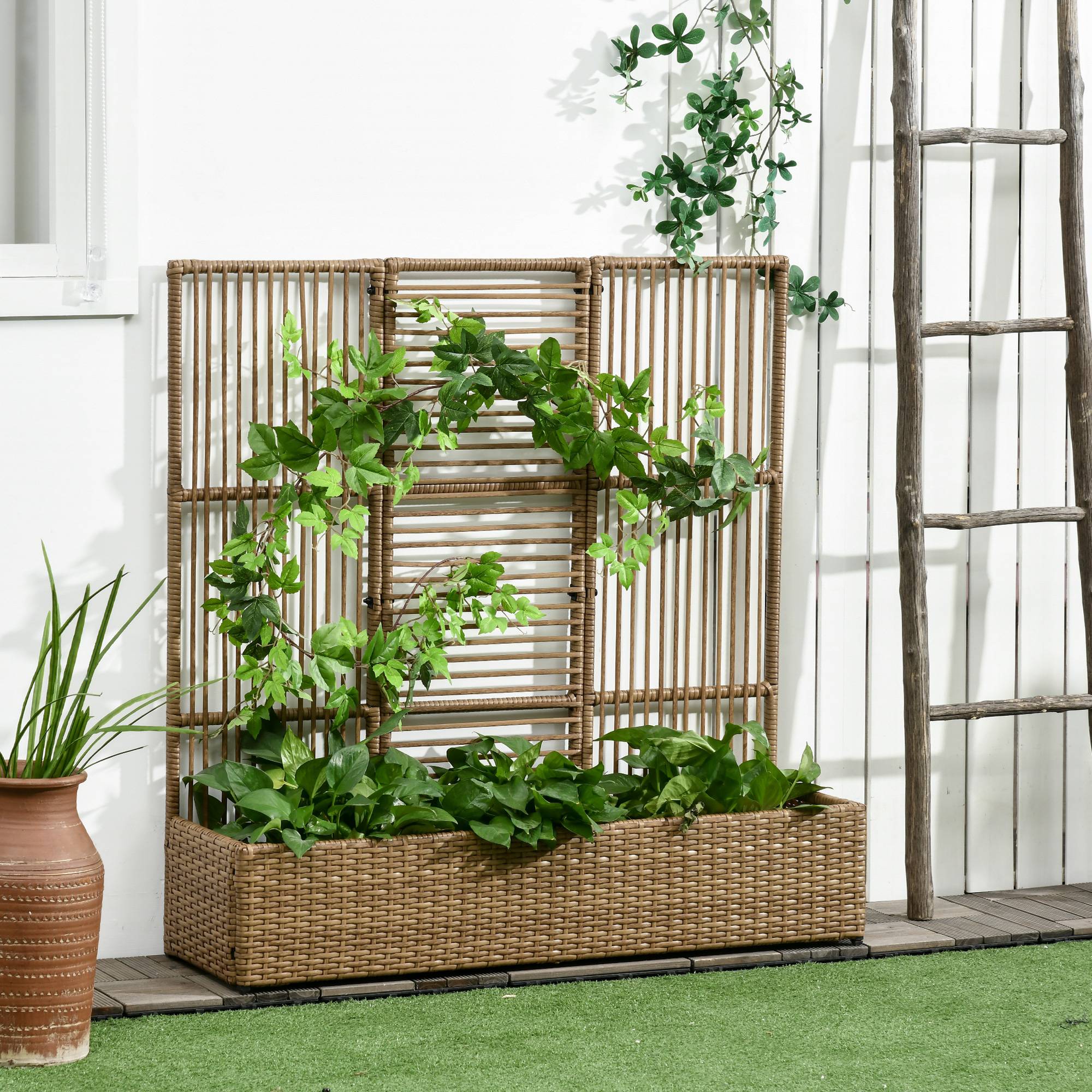 Support pour plantes avec treillis bac rectangulaire inférieur en résine tressée et acier dim. 103L x 29l x 103H cm - Image 3