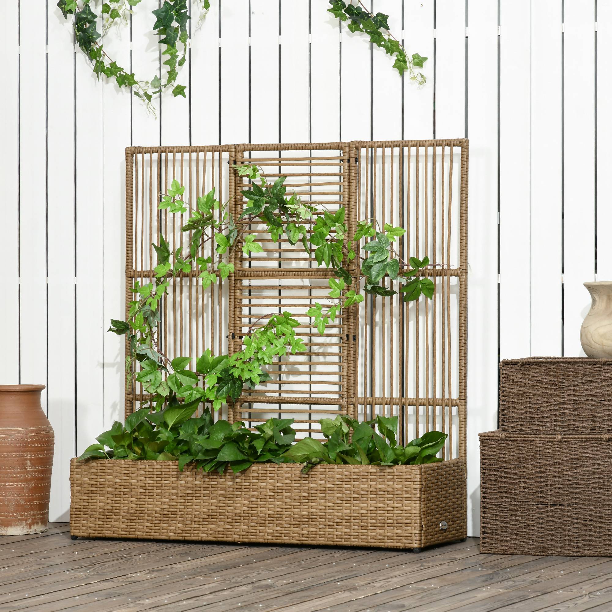 Support pour plantes avec treillis bac rectangulaire inférieur en résine tressée et acier dim. 103L x 29l x 103H cm - Image 4