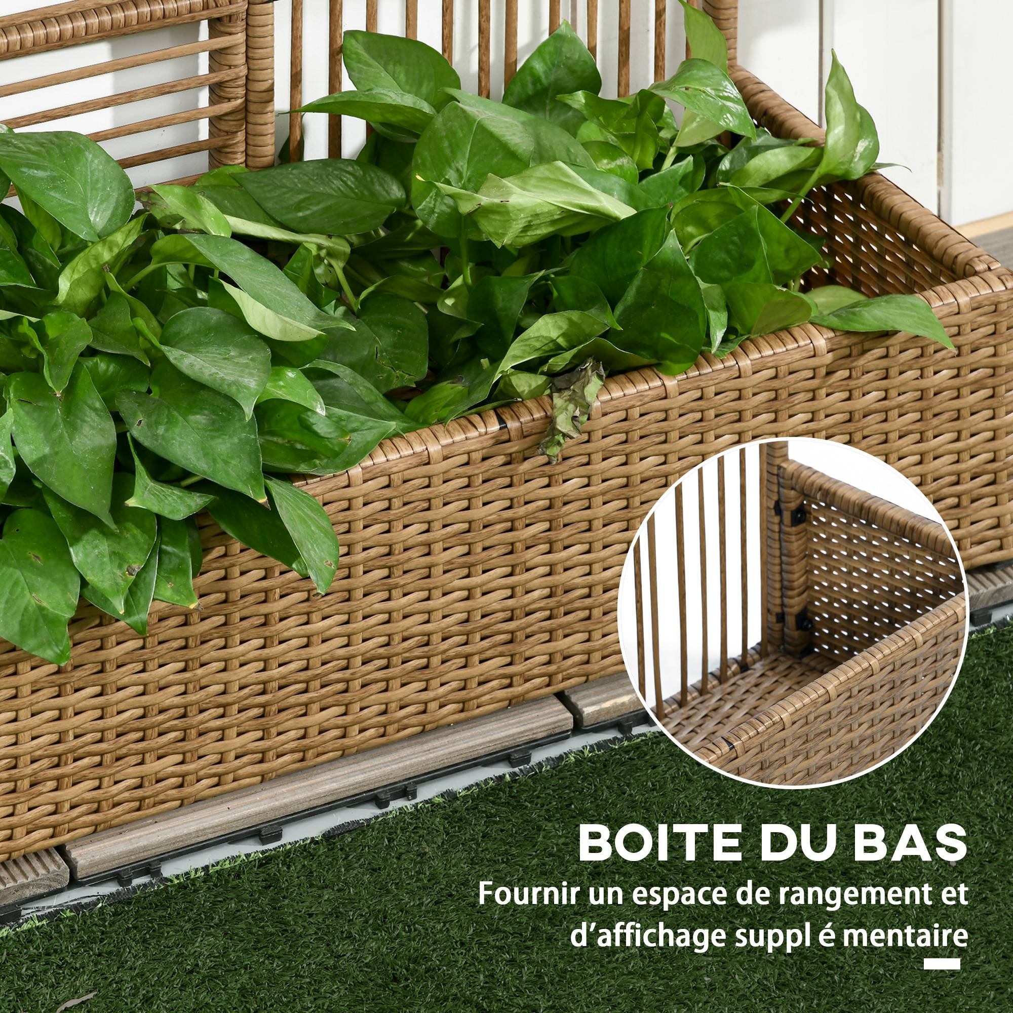 Support pour plantes avec treillis bac rectangulaire inférieur en résine tressée et acier dim. 103L x 29l x 103H cm - Image 7