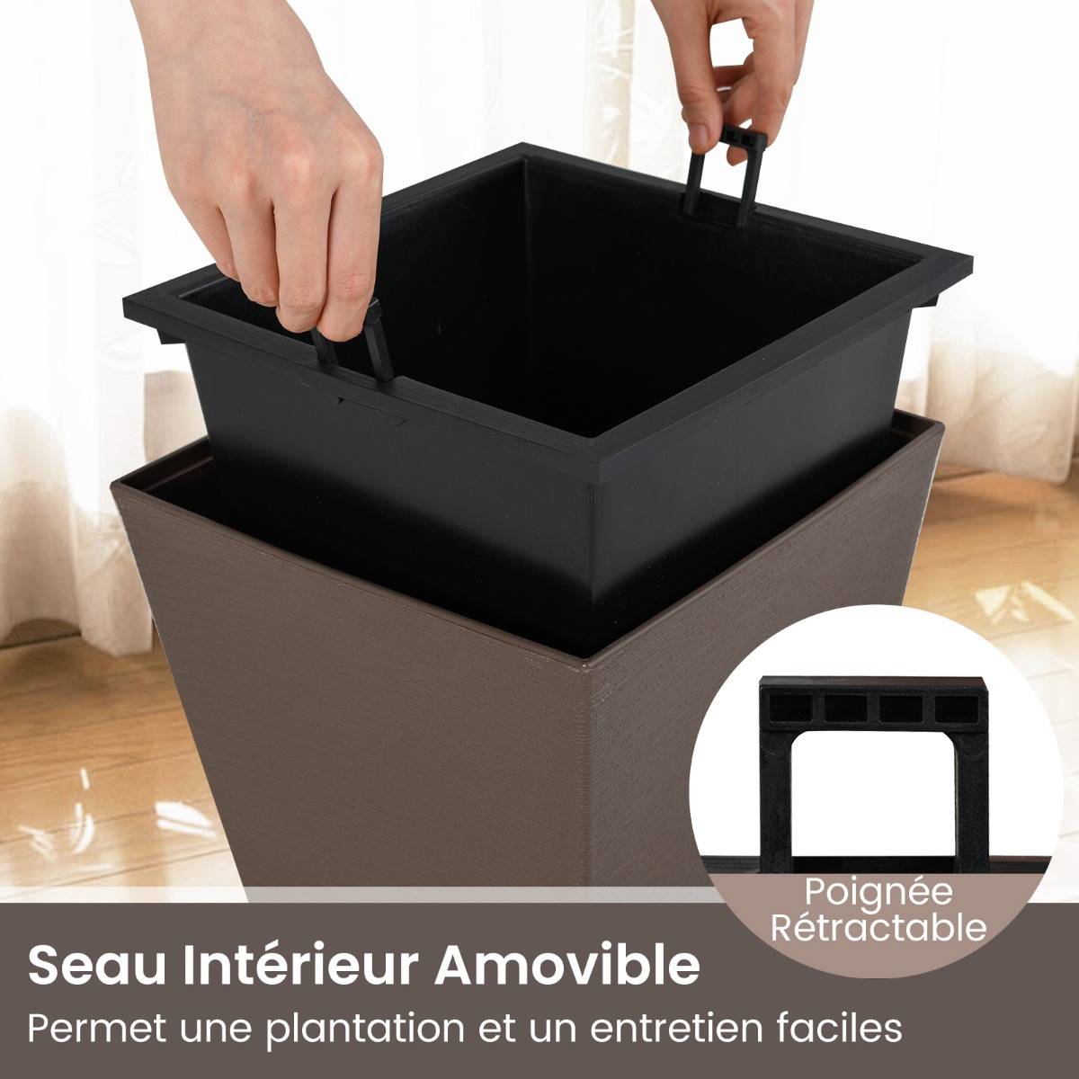 Lot de 2 Jardinières Carrées en Cône 35CM avec Système d'Auto-Arrosage Pots de Fleurs Marron - Image 6