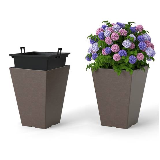 Lot de 2 Jardinières Carrées en Cône 35CM avec Système d'Auto-Arrosage Pots de Fleurs Marron - Image 1