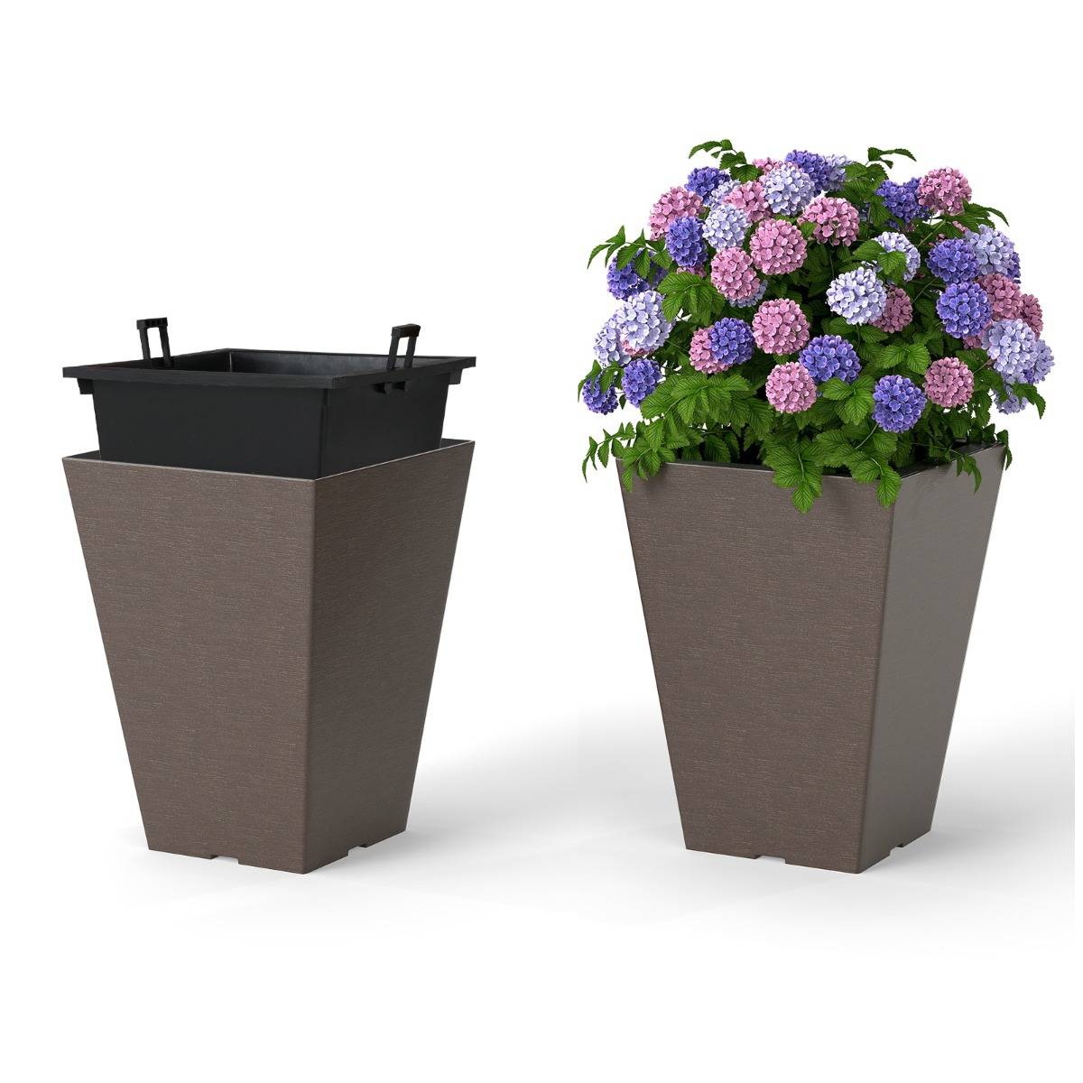 Lot de 2 Jardinières Carrées en Cône 35CM avec Système d'Auto-Arrosage Pots de Fleurs Marron - Image 1