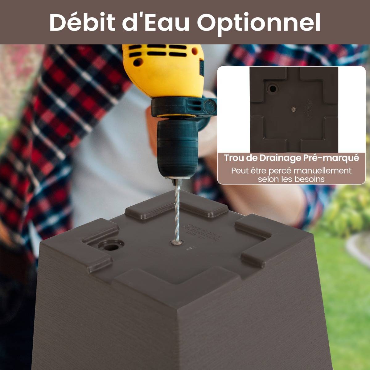 Lot de 2 Jardinières Carrées en Cône 35CM avec Système d'Auto-Arrosage Pots de Fleurs Marron - Image 8