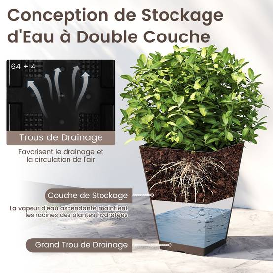 Lot de 2 Jardinières Carrées en Cône 35CM avec Système d'Auto-Arrosage Pots de Fleurs Marron - Image 7