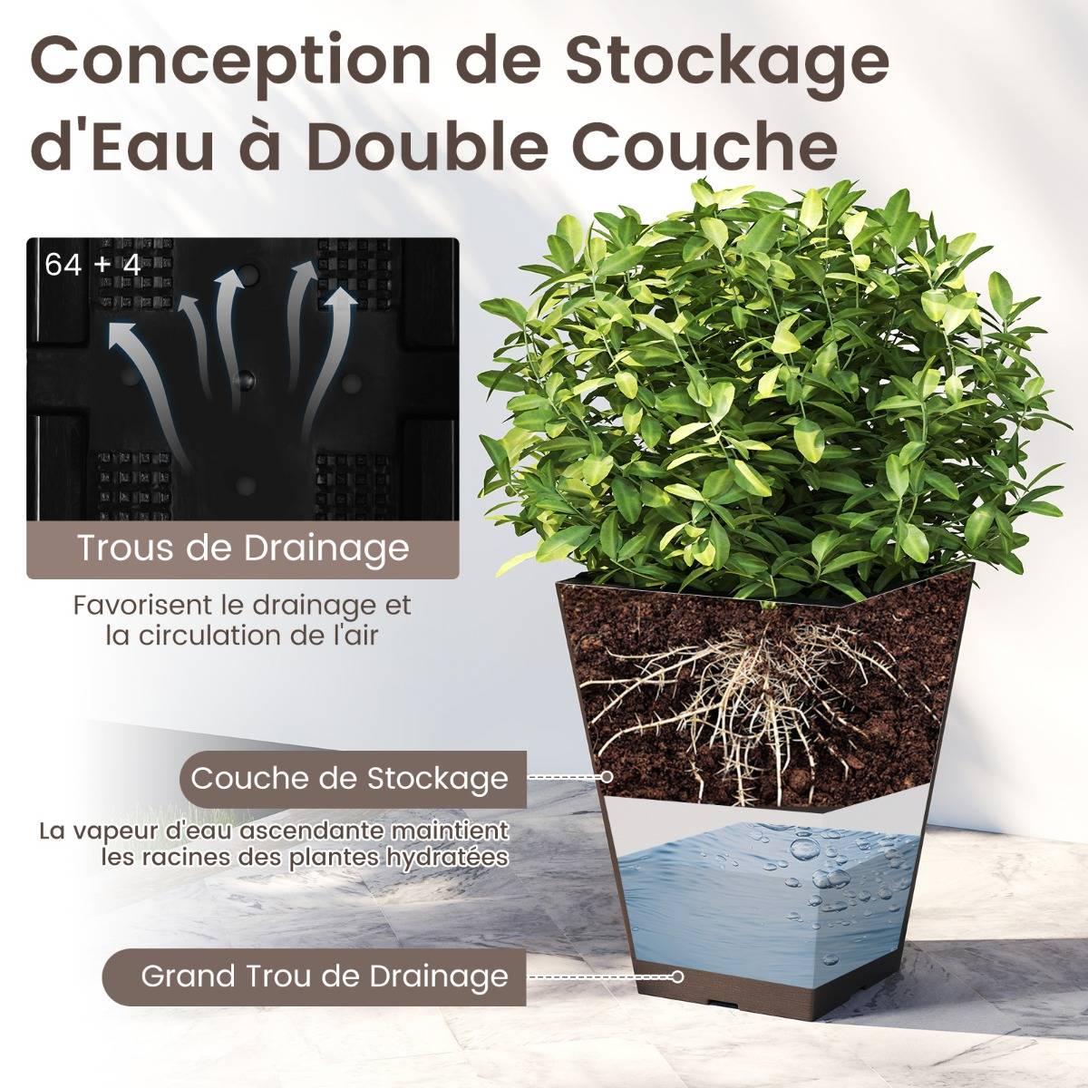 Lot de 2 Jardinières Carrées en Cône 35CM avec Système d'Auto-Arrosage Pots de Fleurs Marron - Image 7
