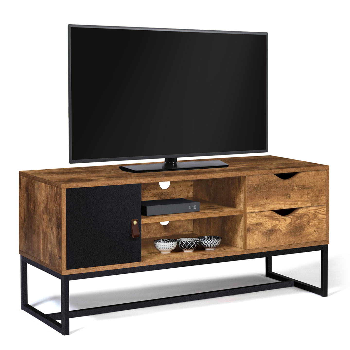 Meuble TV 110 cm CHICAGO 2 tiroirs avec placard design industriel - Image 2