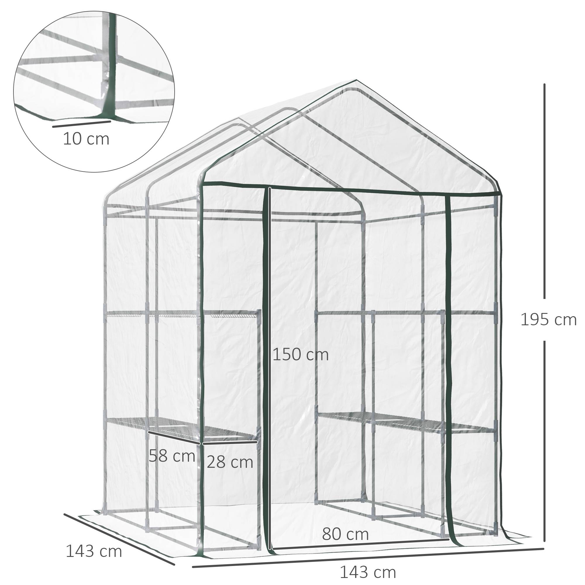 Serre tunnel transparente de plain-pied 143 x 143 x 195 cm, 6 étagères, acier et PVC, châssis froid pour tomates - Image 5