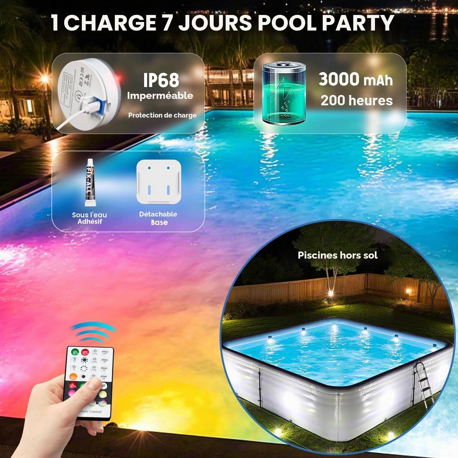 8 in 1 - Éclairage subaquatique pour piscines hors sol et enterrées avec minuterie, LED magnétique RGB submersible, 16 couleurs, 9 modes, pour spa et fontaine. - Image 4