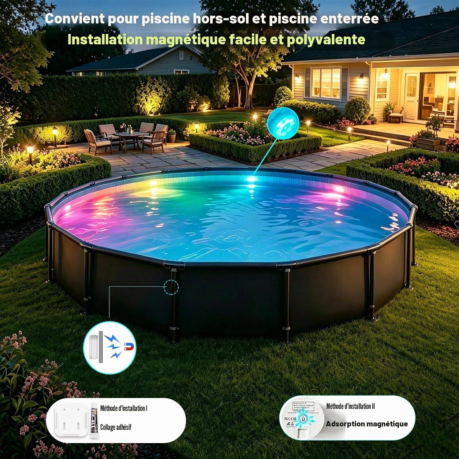 8 in 1 - Éclairage subaquatique pour piscines hors sol et enterrées avec minuterie, LED magnétique RGB submersible, 16 couleurs, 9 modes, pour spa et fontaine. - Image 2