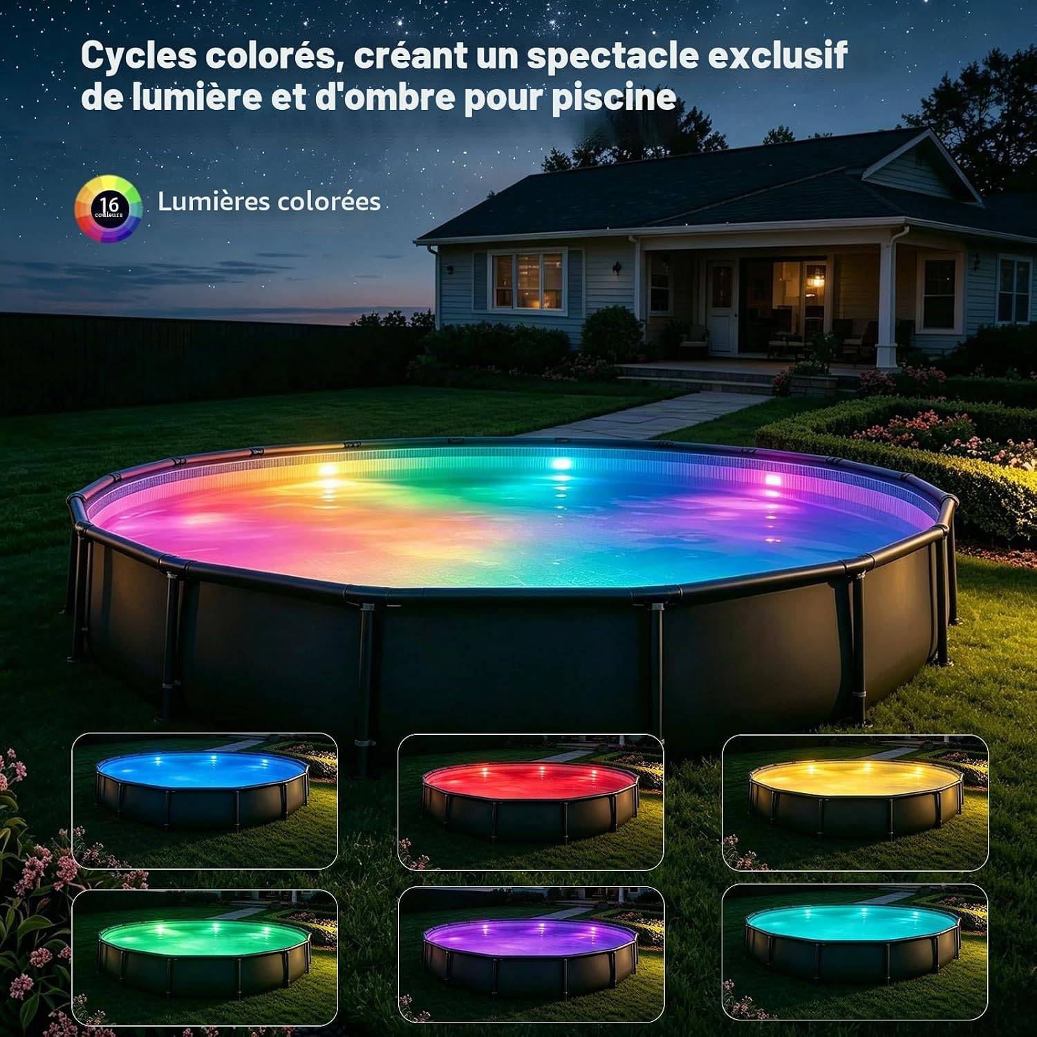 8 in 1 - Éclairage subaquatique pour piscines hors sol et enterrées avec minuterie, LED magnétique RGB submersible, 16 couleurs, 9 modes, pour spa et fontaine. - Image 3