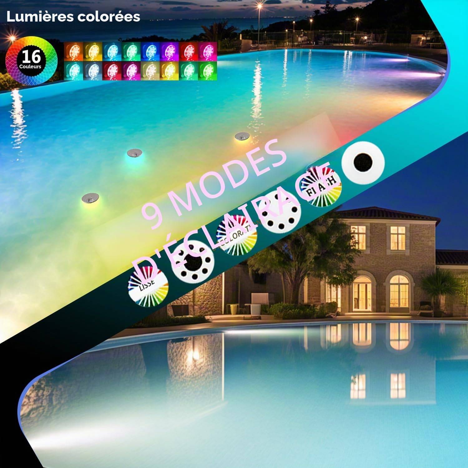 8 in 1 - Éclairage subaquatique pour piscines hors sol et enterrées avec minuterie, LED magnétique RGB submersible, 16 couleurs, 9 modes, pour spa et fontaine. - Image 5