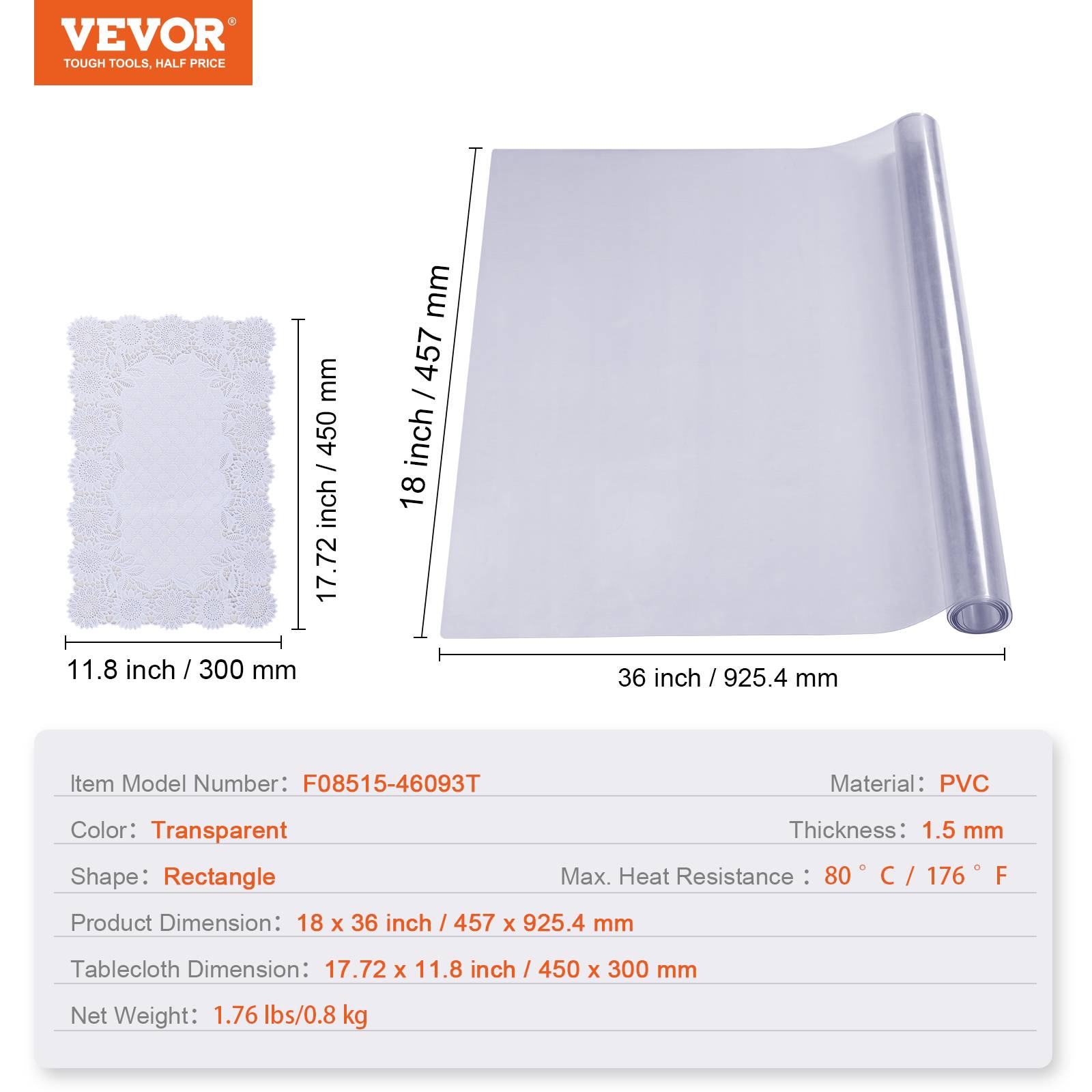 Vevor - VEVOR Nappe Rectangle Transparente Protection de Table en PVC 92,5x45,7x1,5 mm - Image 7