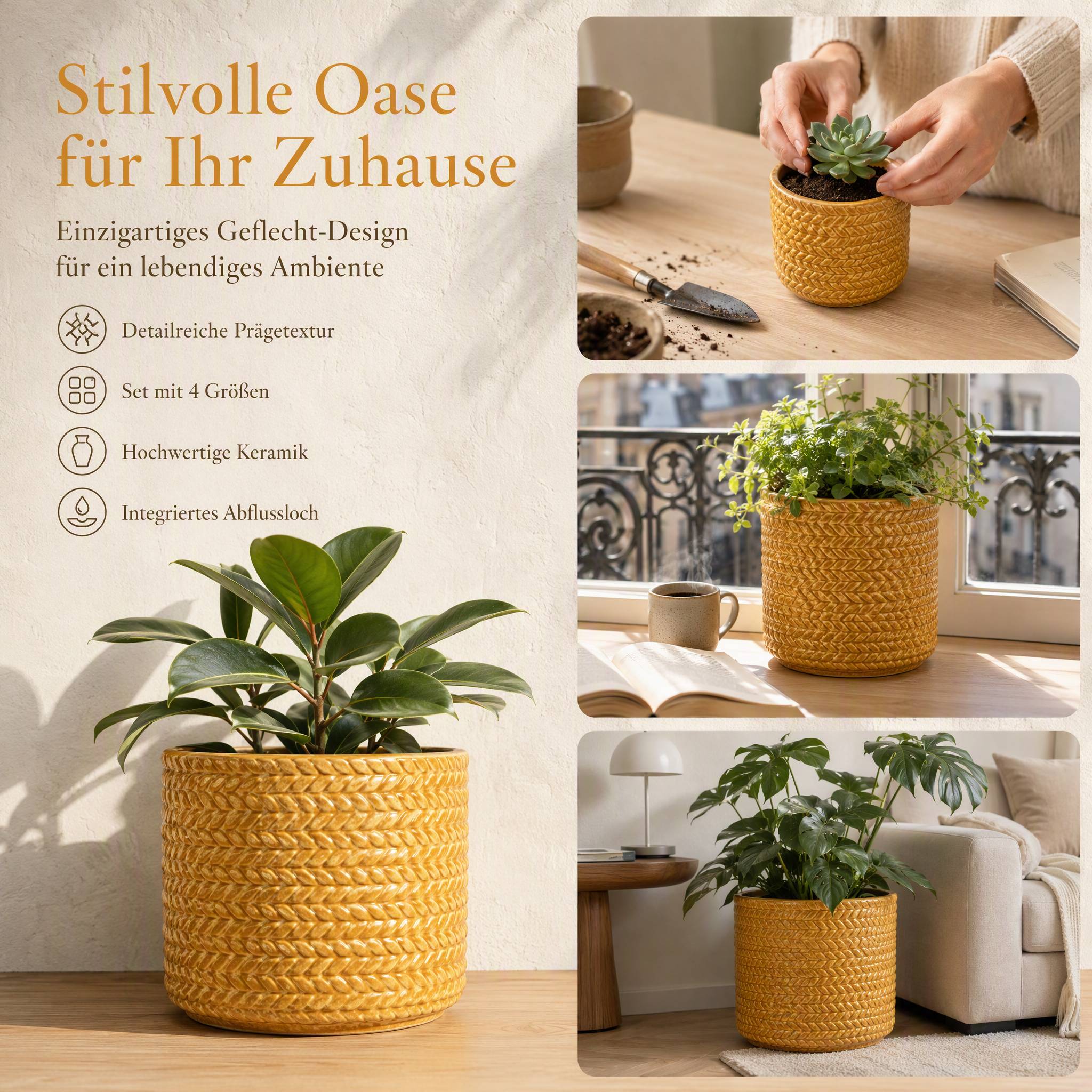 ComfortXL - Pot de fleurs en céramique jaune blé Ø30 x H27 cm intérieur extérieur relief géométrique drainage pour plantes - Image 5