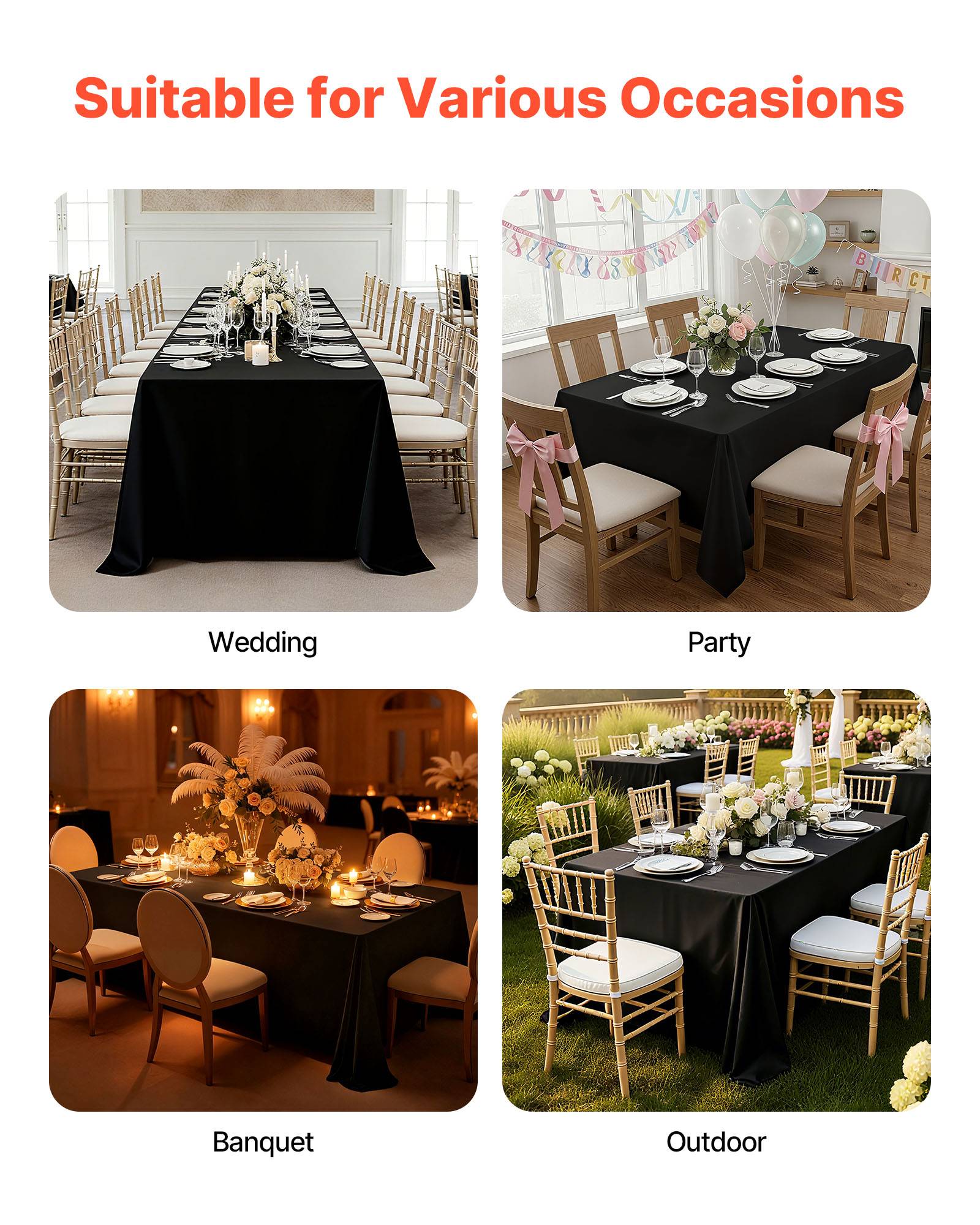 Vevor - VEVOR Nappe rectangulaire noire en polyester 1778 x 3048 mm 6 pcs pour mariage - Image 7