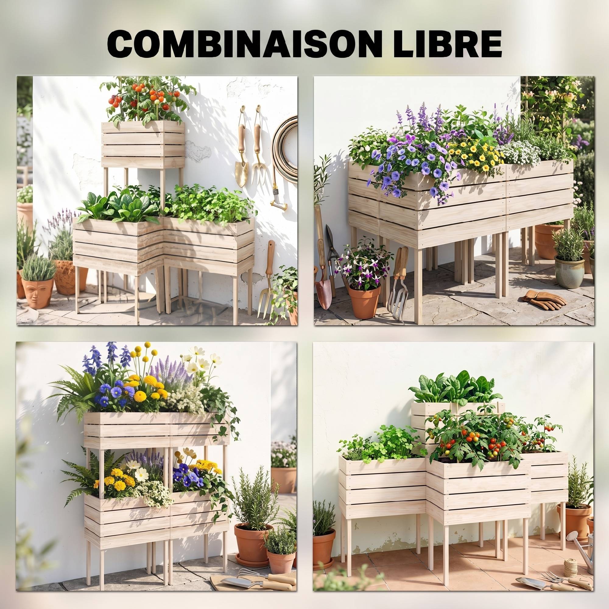 Jardinières sur Pieds carrés potagers - Lot de 4 jardinières sur Pied modulables - 50L x 30l x 60H cm - Image 6