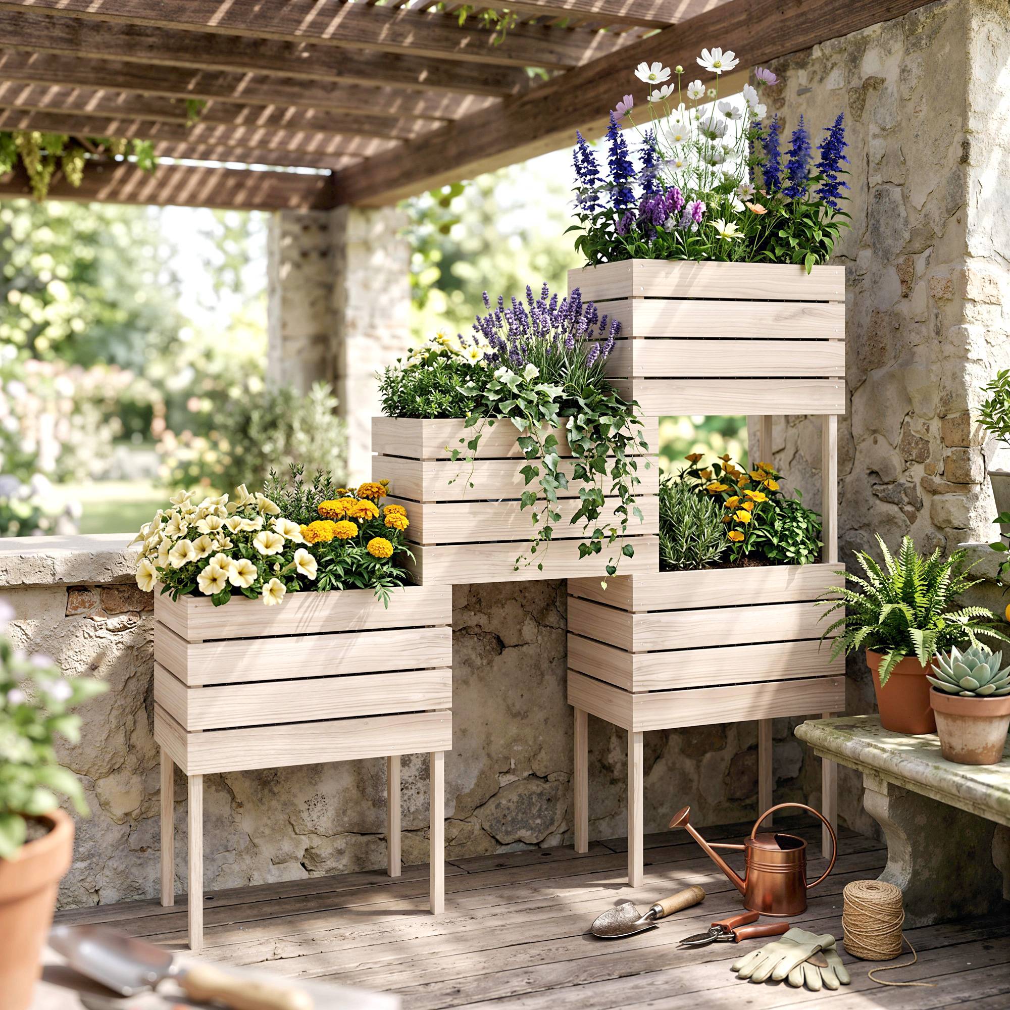 Jardinières sur Pieds carrés potagers - Lot de 4 jardinières sur Pied modulables - 50L x 30l x 60H cm - Image 10
