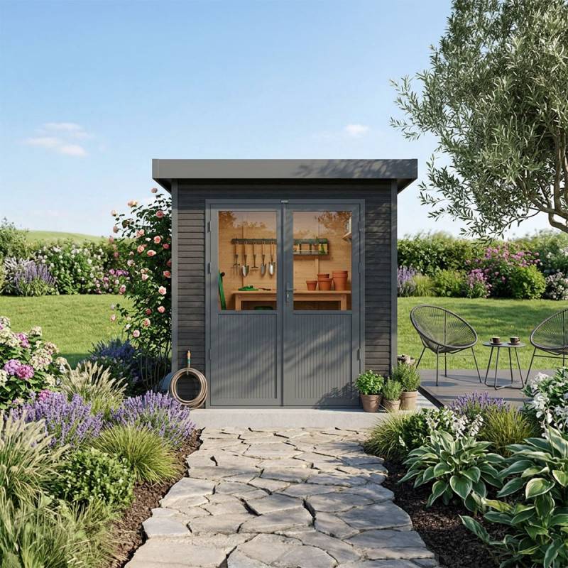 Barac - Abri de jardin en bois composite 28mm - Onyx 22 - 4m² - Gris - Image 3