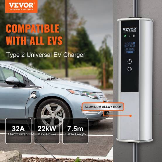 VEVOR Chargeur EV portable Type 2 IEC6219, 32A 7,36 kW mono/22 kW tri, câble 7,5 m, LCD IP66. - Image 2