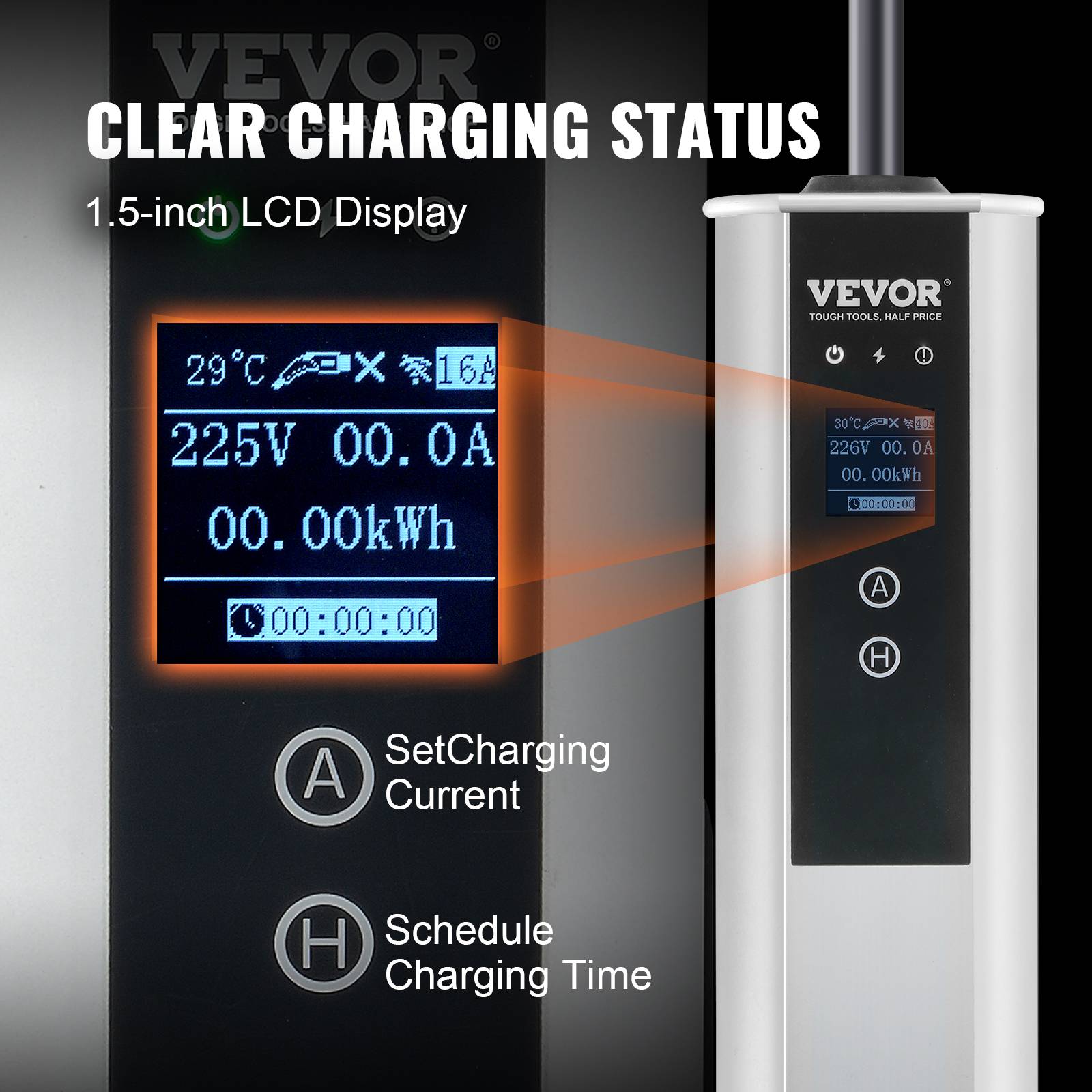 VEVOR Chargeur EV portable Type 2 IEC6219, 32A 7,36 kW mono/22 kW tri, câble 7,5 m, LCD IP66. - Image 6