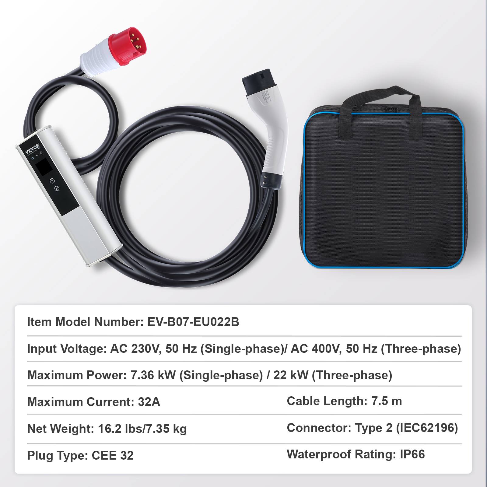 VEVOR Chargeur EV portable Type 2 IEC6219, 32A 7,36 kW mono/22 kW tri, câble 7,5 m, LCD IP66. - Image 7