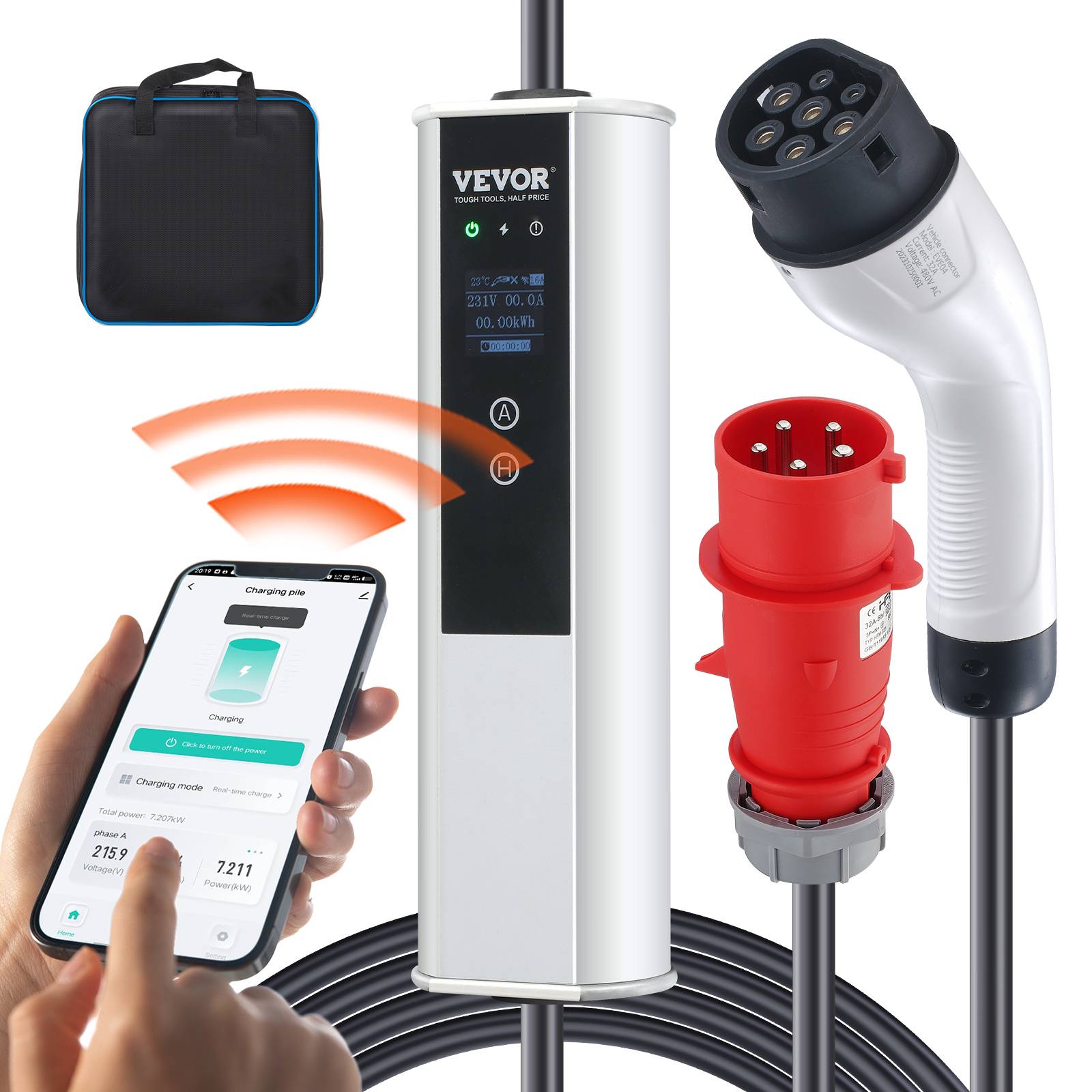 VEVOR Chargeur EV portable Type 2 IEC6219, 32A 7,36 kW mono/22 kW tri, câble 7,5 m, LCD IP66. - Image 1