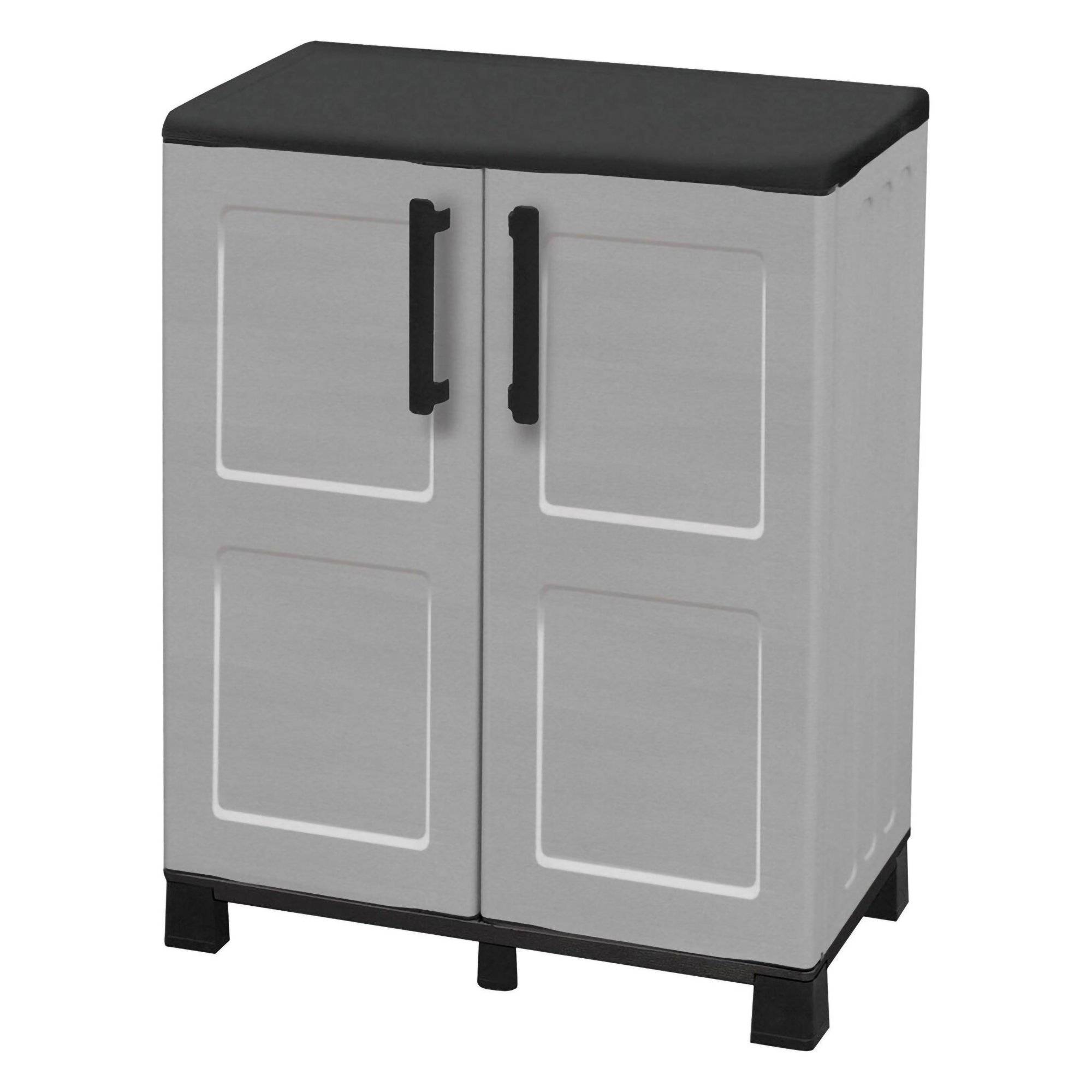 Dmora - Armoire d'extérieur Dbirindell, Armoire de balcon polyvalente, Armoire d'extérieur 2 portes, 68x37h90 cm, Gris clair et noir, Finition à carreaux - Image 4