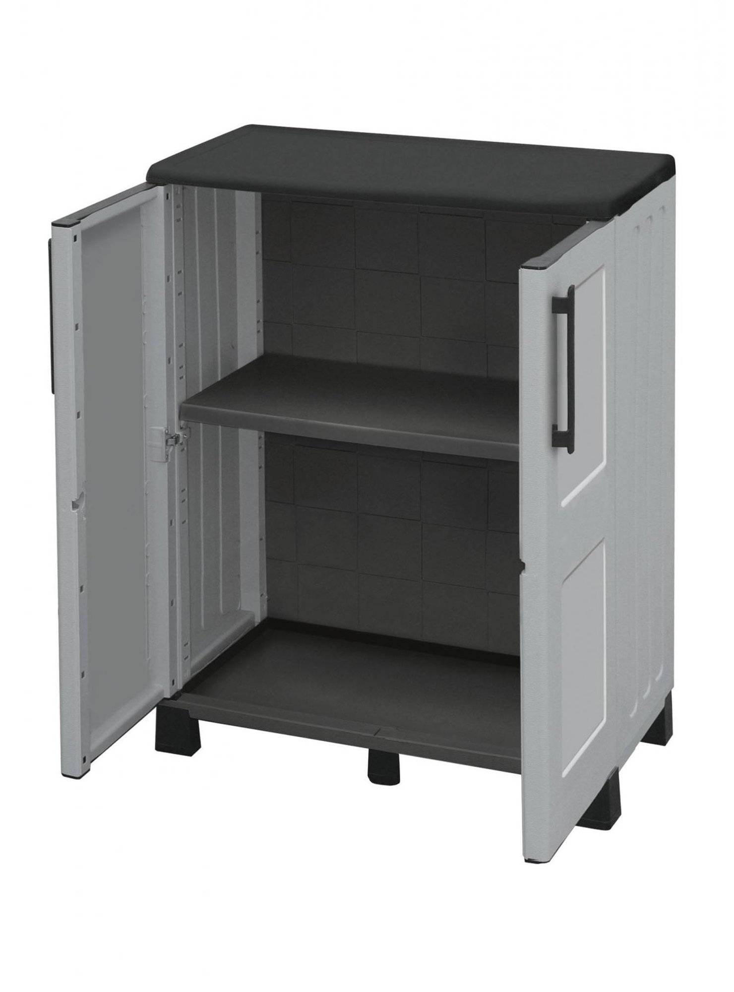 Dmora - Armoire d'extérieur Dbirindell, Armoire de balcon polyvalente, Armoire d'extérieur 2 portes, 68x37h90 cm, Gris clair et noir, Finition à carreaux - Image 5