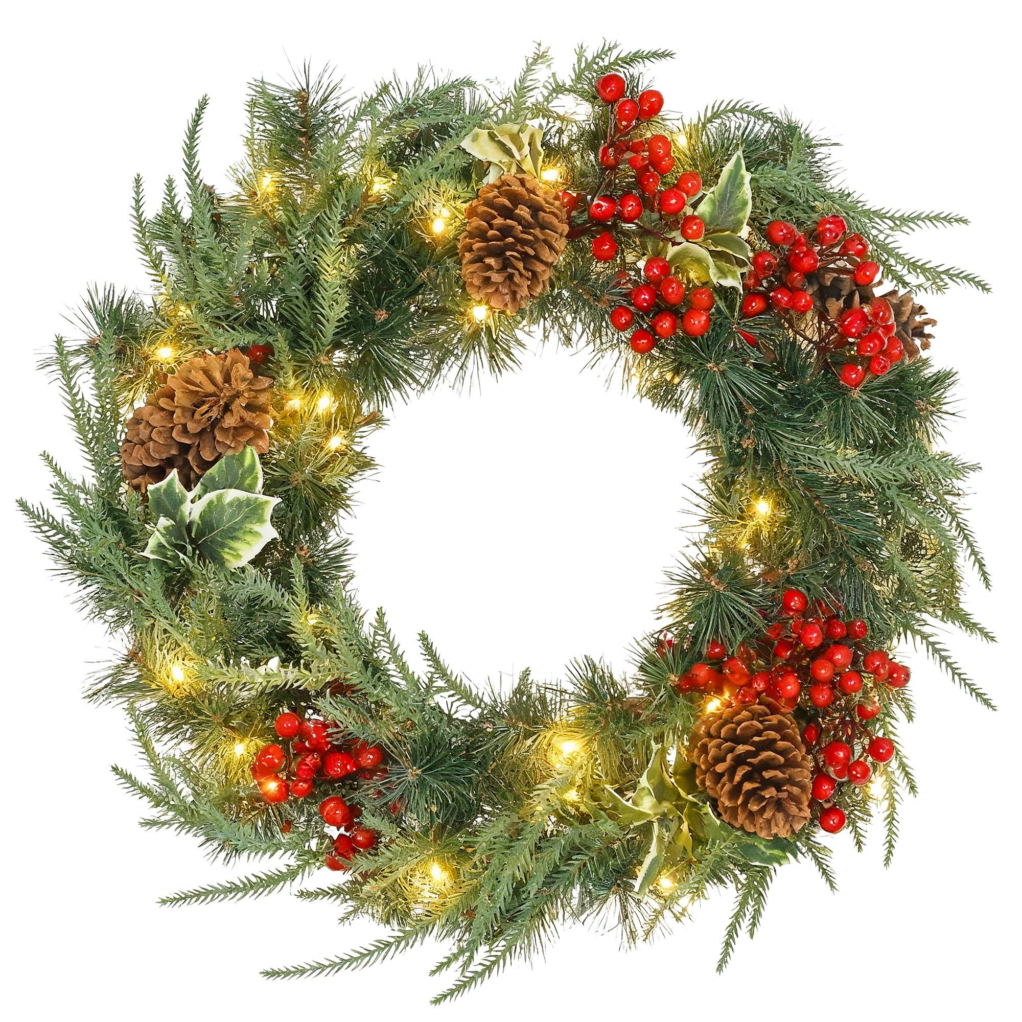 Sans Marque - Couronne de Noël lumineuse 60 cm avec 35 LED, minuterie, 170 pointes, pommes de pin, baies, feuilles de houx, vert - Image 1