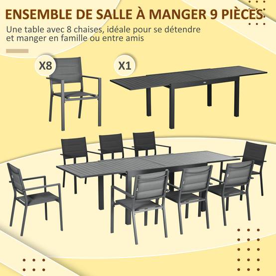 ComfortXL - Salon de jardin aluminium pour terrasse table extensible et 8 chaises empilables 270cm gris - ComfortXL Outdoor Living - Image 6