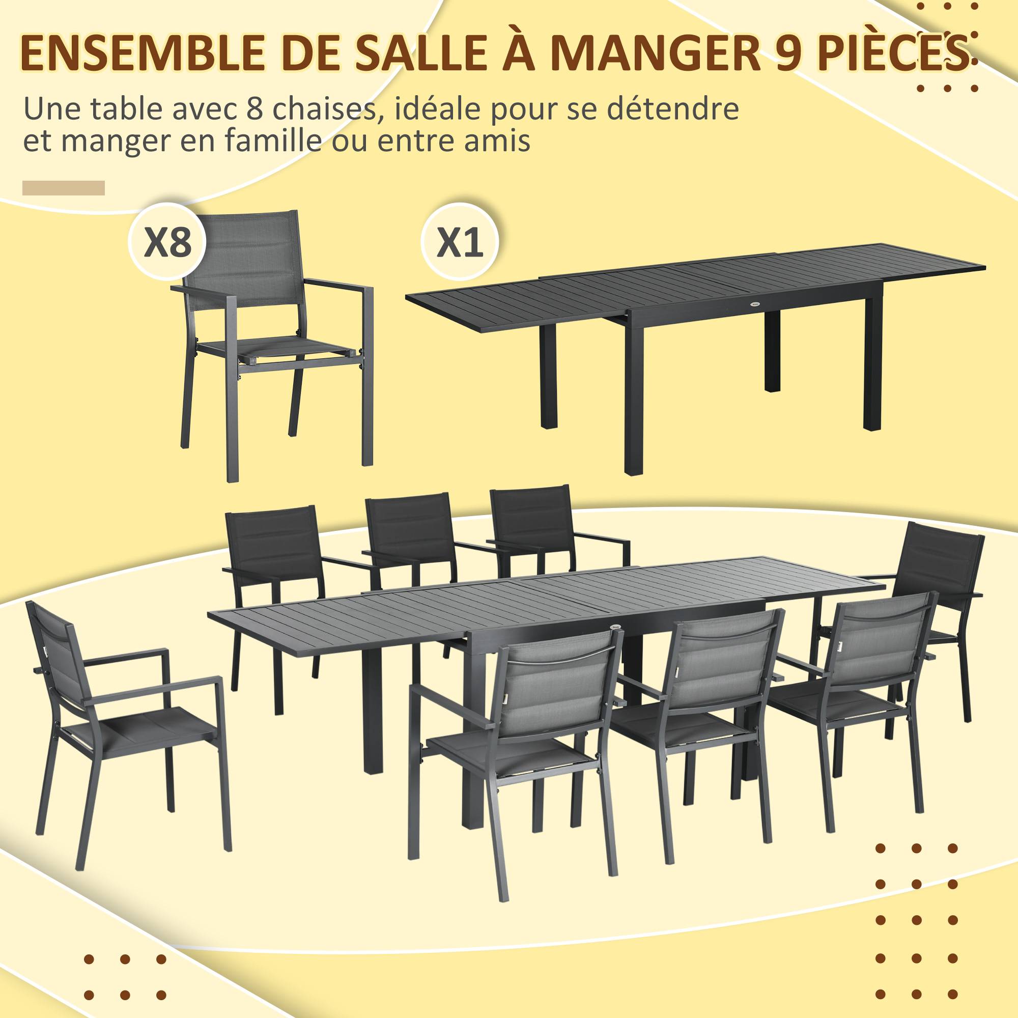 ComfortXL - Salon de jardin aluminium pour terrasse table extensible et 8 chaises empilables 270cm gris - ComfortXL Outdoor Living - Image 6