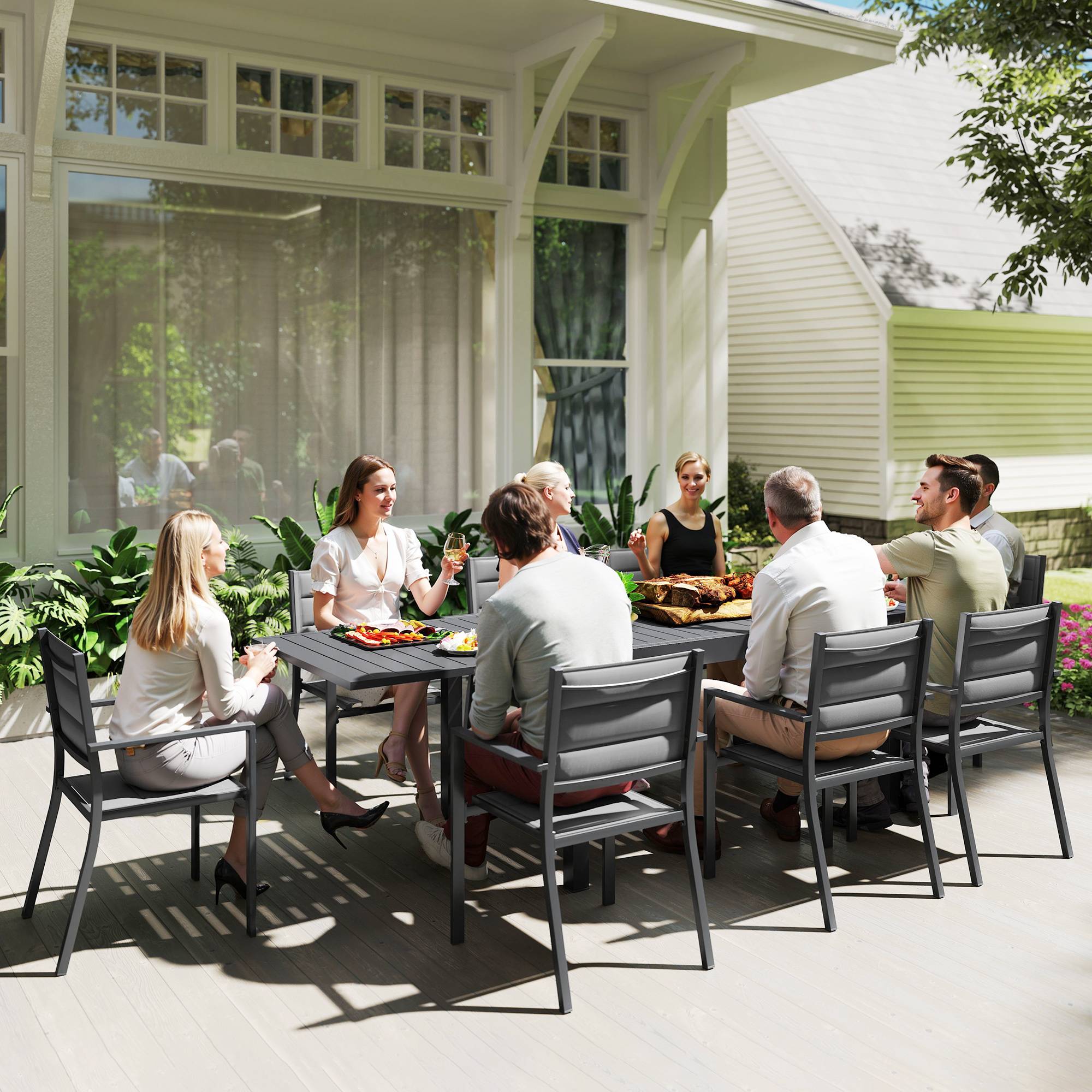 ComfortXL - Salon de jardin aluminium pour terrasse table extensible et 8 chaises empilables 270cm gris - ComfortXL Outdoor Living - Image 3