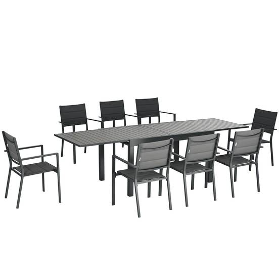ComfortXL - Salon de jardin aluminium pour terrasse table extensible et 8 chaises empilables 270cm gris - ComfortXL Outdoor Living - Image 1